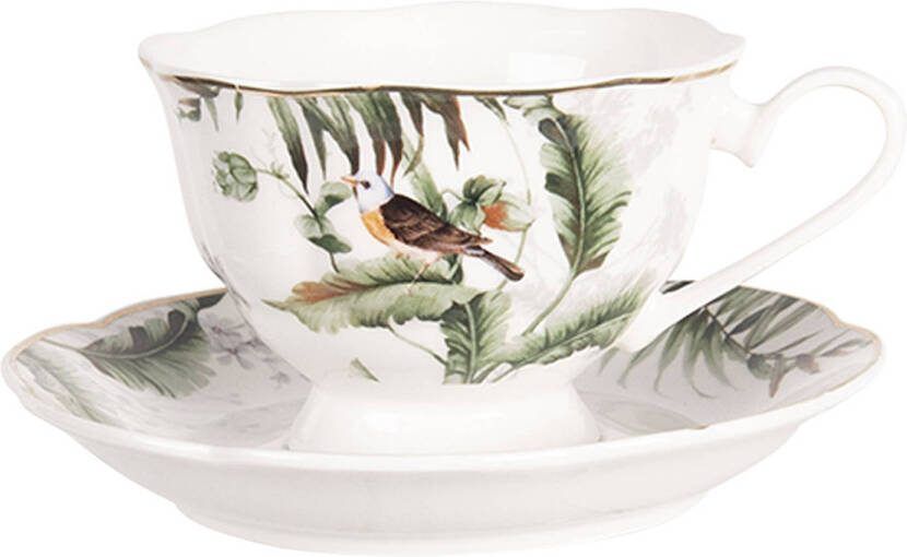 Clayre & Eef Kop En Schotel 220 Ml Wit Groen Porselein Vogels Servies Cadeau Voor Haar Cappuccino Wit Servies Cadeau