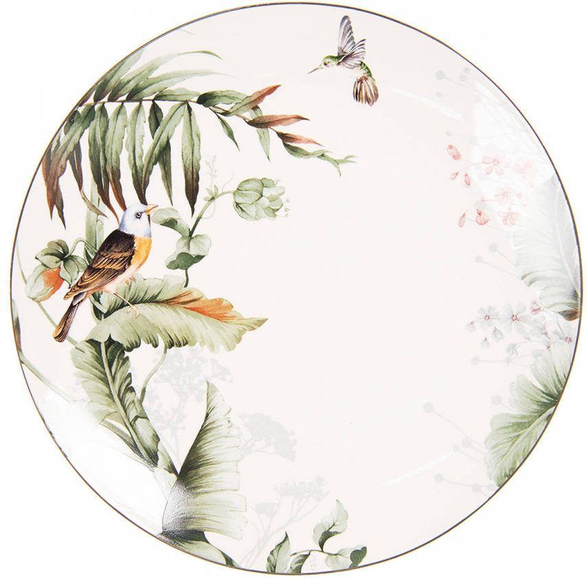 Clayre & Eef Dinerbord Ø 26 cm Wit Groen Porselein Rond Vogels Eetbord