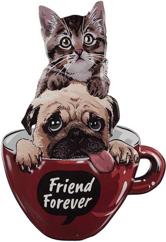 Clayre & Eef Tekstbord Kat En Hond 38x55 Cm Rood Ijzer Friend Forever Wandbord Spreuk Wandplaat Rood Wandbord Spreuk