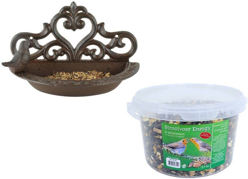 Esschert Design Wand Vogel Voederbak/drinkbak Gietijzer 24 Cm Inclusief 4 seizoenen Energy Vogelvoer Vogelhuisjes