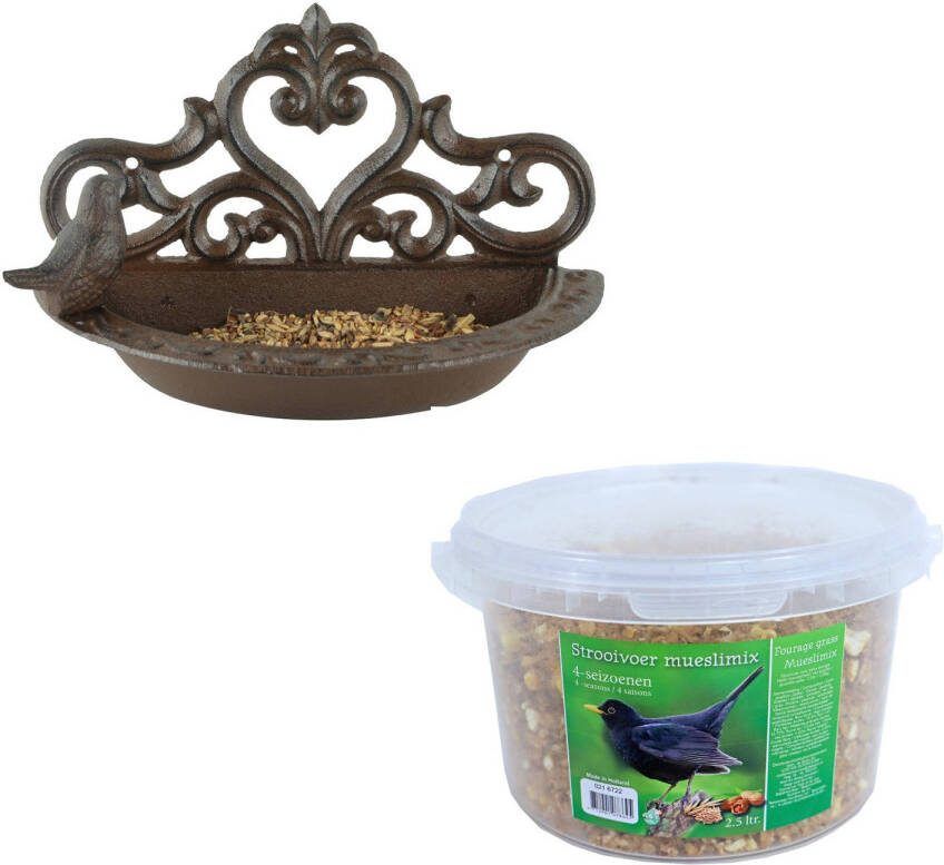 Esschert Design Wand Vogel Voederbak/drinkbak Gietijzer 24 Cm Inclusief 4 seizoenen Mueslimix Vogelvoer Vogelhuisjes