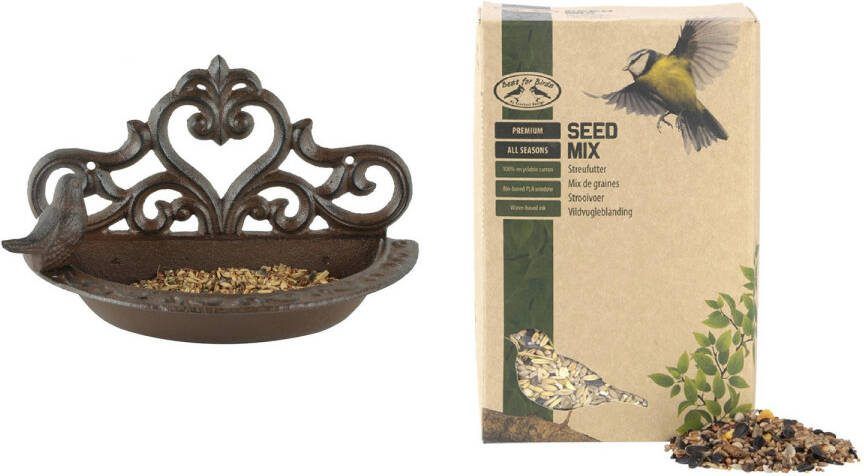 Esschert Design Wand Vogel Voederbak/drinkbak Gietijzer 24 Cm Inclusief Vogelvoer Vogelhuisjes
