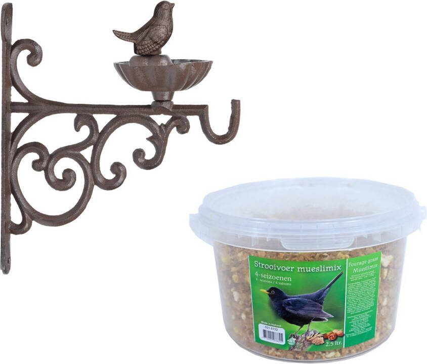 Esschert Design Wand Vogel Voederbak/drinkbak Met Haak Gietijzer 19 Cm Inclusief 4 seizoenen Mueslimix Vogelvoer Vogelhuisjes