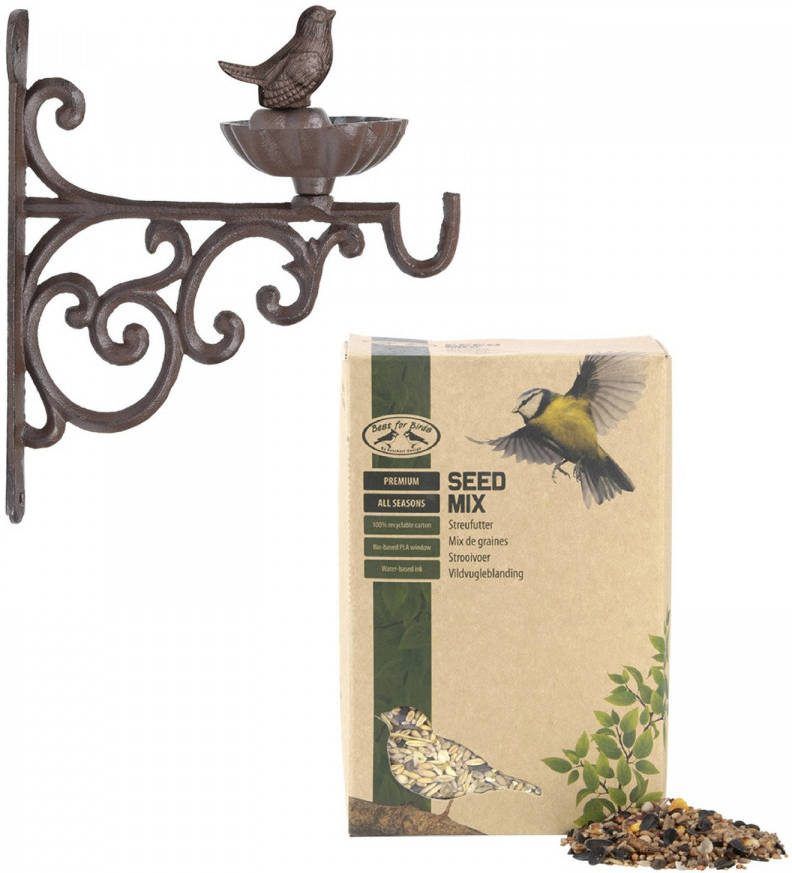 Esschert Design Wand Vogel Voederbak/drinkbak Met Haak Gietijzer 19 Cm Inclusief Vogelvoer Vogelhuisjes