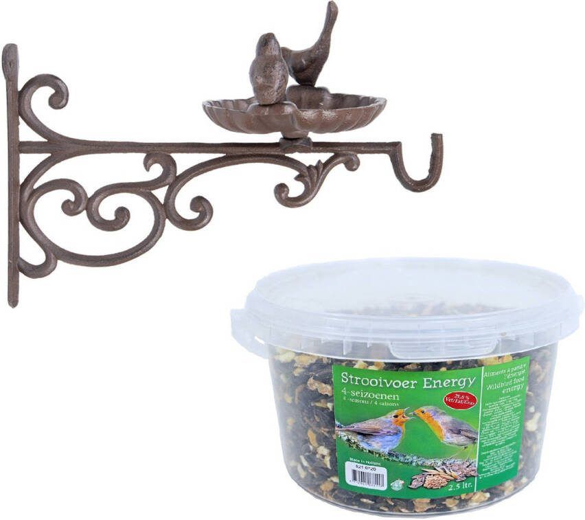 Esschert Design Wand Vogel Voederbak/drinkbak Met Haak Gietijzer 35 Cm Inclusief 4 seizoenen Energy Vogelvoer Vogelhuisjes
