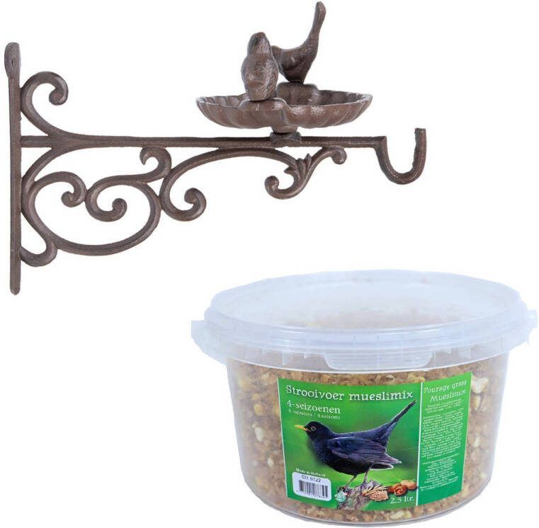Esschert Design Wand Vogel Voederbak/drinkbak Met Haak Gietijzer 35 Cm Inclusief 4 seizoenen Mueslimix Vogelvoer Vogelhuisjes