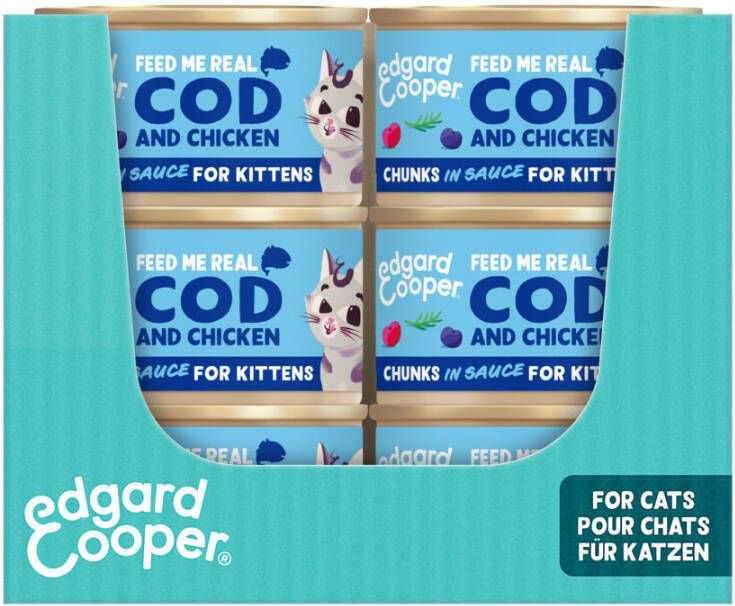 18x Edgard&amp, Cooper Kattenvoer Kitten Chunks Kabeljauw Kip 85 gr
