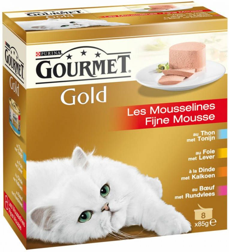 Gourmet Gold 8-Pack Mousse tonijn/lever/kalkoen/rund kat 6 dozen (48 blikken)
