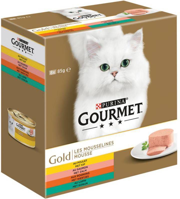 Gourmet Gold Mousse met kip/zalm/niertjes/konijn kattenvoer 8 pack 96 x 85 gr