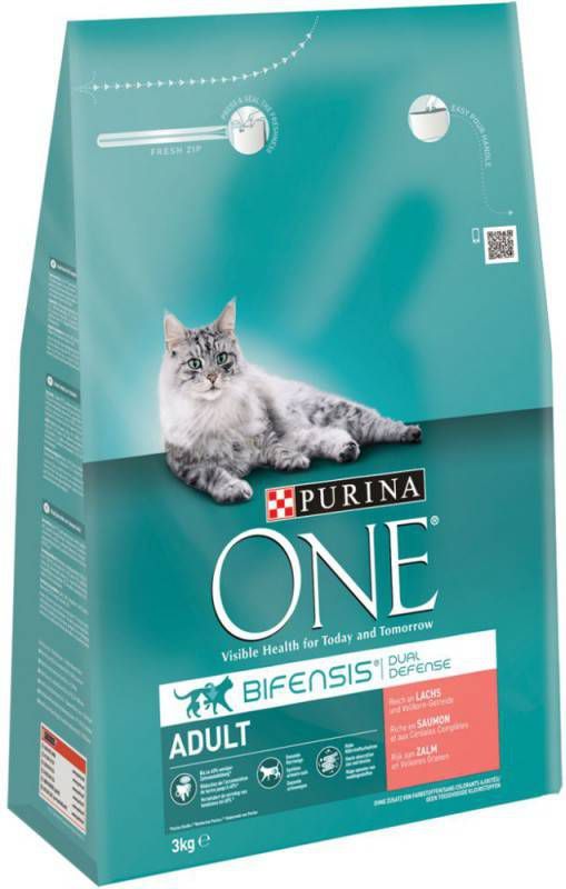 Purina One 3 kg + 12 maaltijdzakjes gratis! Adult Zalm & Volkorenrijst + 12 x Sensitive Kip en Wortels natvoer