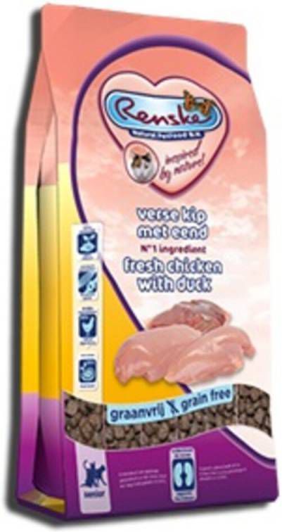 Renske Kat Super Premium Senior Verse Kip & Eend 6 kg + Gratis 3x 100 gram Renske beloning hartjes Eend