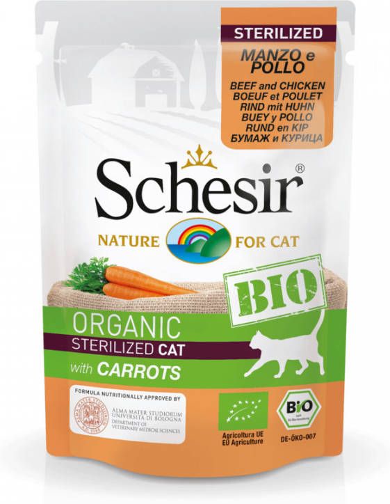 Schesir 5 + 1 Gratis! Bio Maaltijdzakjes 6 x 85 g Sterilized Bio Kip & Bio Zwijn met Bio Pompoen
