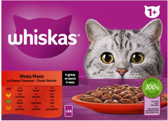 Whiskas 1+ Classic Selectie In Saus Maaltijdzakjes Multipack Kattenvoer 24x85 g