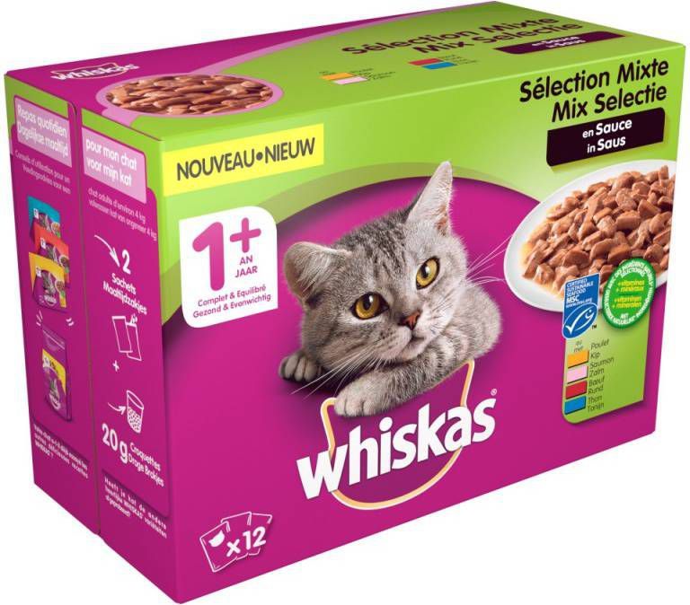 Whiskas 1+ Mix Selectie in saus 12 x 100 g multipack natvoer kat Per 2 verpakkingen(12 x 100g )