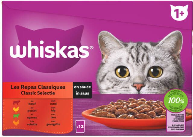 Whiskas 1+ Classic Selectie In Saus Maaltijdzakjes Multipack Kattenvoer 12x85 g