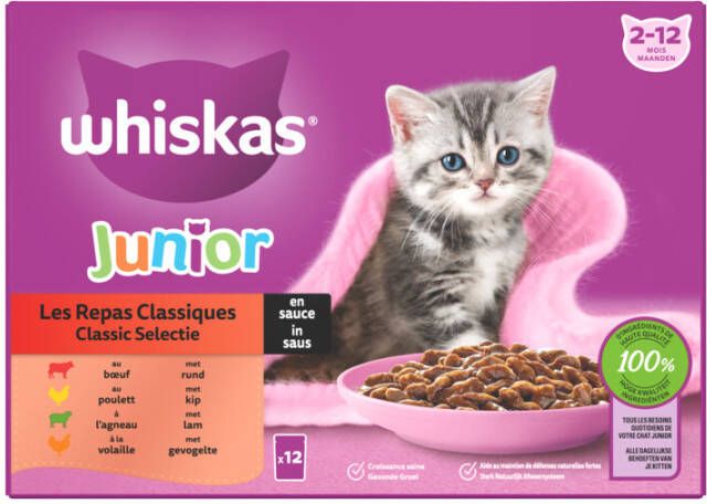 Whiskas Junior Classic Selectie In Saus Maaltijdzakjes Multipack Kattenvoer 12x85 g