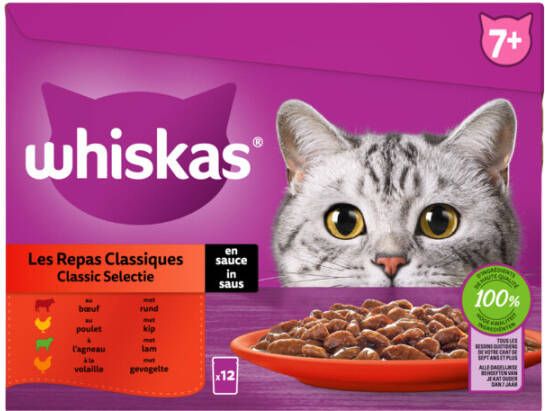 Whiskas 7+ Classic Selectie In Saus Maaltijdzakjes Multipack Kattenvoer 12x85 g