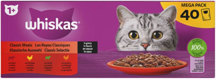 Whiskas 1+ Classic Selectie In Saus Maaltijdzakjes Multipack Kattenvoer 40x85 g