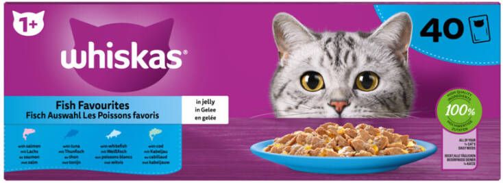 Whiskas 1+ Selectie In Gelei Maaltijdzakjes Multipack Kattenvoer Vis 40x85 g