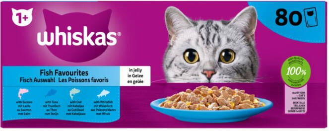 Whiskas 1+ Selectie In Gelei Maaltijdzakjes Multipack Kattenvoer Vis 80x85 g