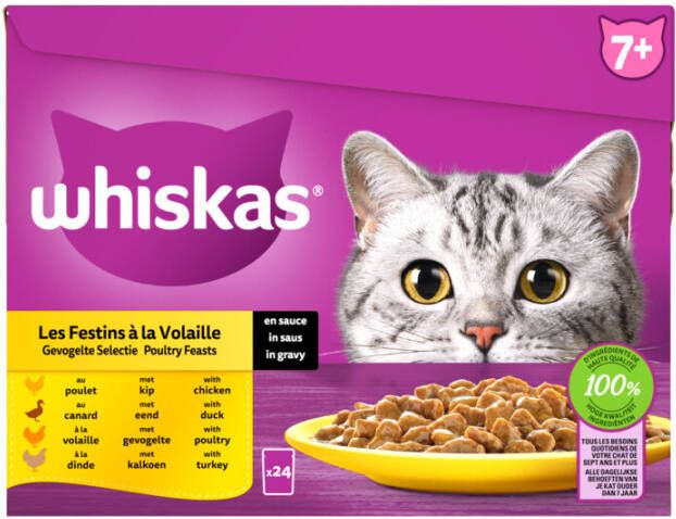Whiskas 7+ Gevogelte Selectie In Saus Maaltijdzakjes Multipack Kattenvoer Gevogelte 24x85 g