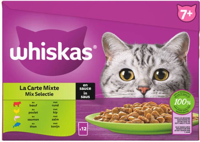 Whiskas 7+ Mix Selectie In Saus Maaltijdzakjes Multipack Kattenvoer 12x85 g