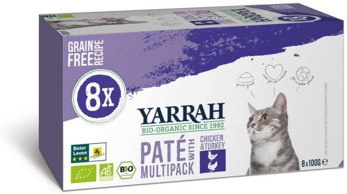 Yarrah 8x Biologisch Kattenvoer Multipack Paté Graanvrij Kip Kalkoen 800 gr