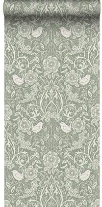 Esta Home ESTAhome behang bloemen en vogels in art nouveau stijl vergrijsd groen