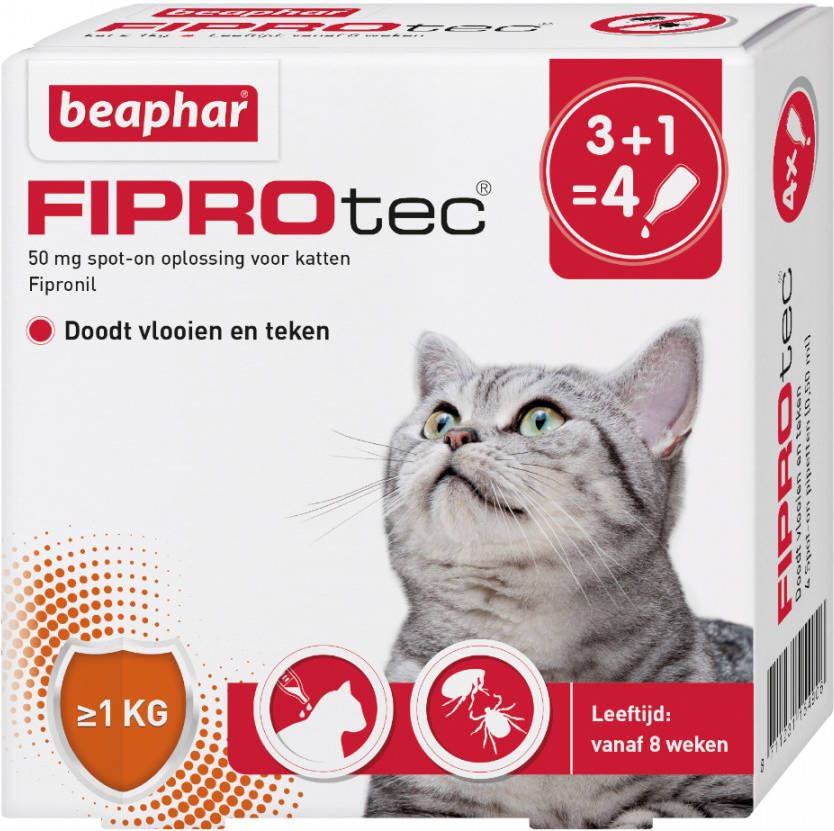Beaphar Fiprotec Cat Anti vlooien en tekenmiddel 3+1 pip >1kg