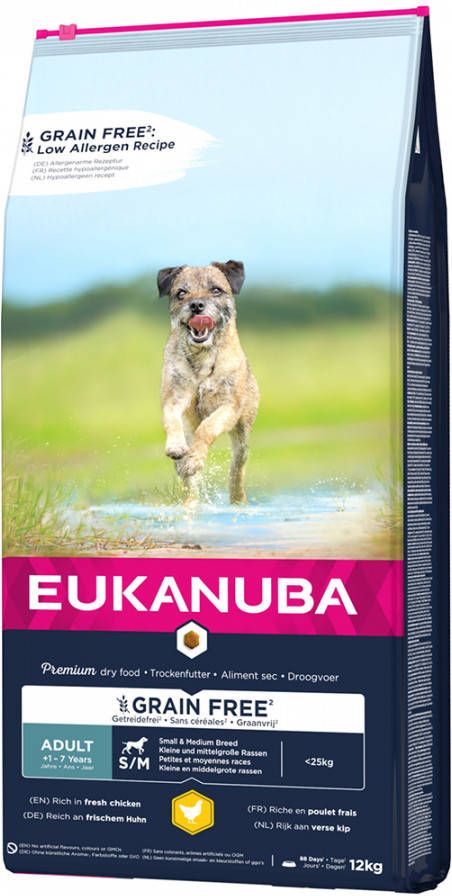 Eukanuba 2x12kg Grain Free Adult Small/Medium Breed Kip Hondenvoer droog