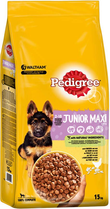 Pedigree Junior Maxi Kip met Rijst hondenvoer 15 kg + Good Chew snack gratis