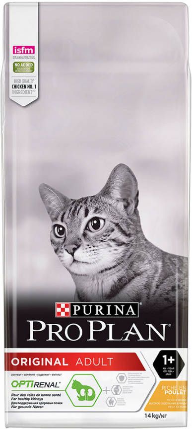 Pro Plan Extra voordelig! 10/14 kg Purina katten droogvoer Original Adult Optirenal Rijk aan Kip(14 kg )