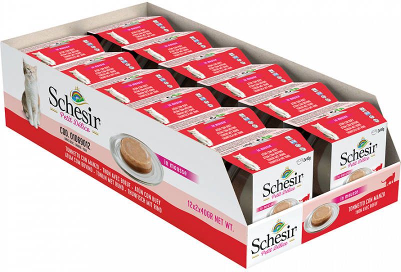 Schesir 12x 40g Petit Delice in Mousse Kip, Tonijn en Rund Nat Kattenvoer