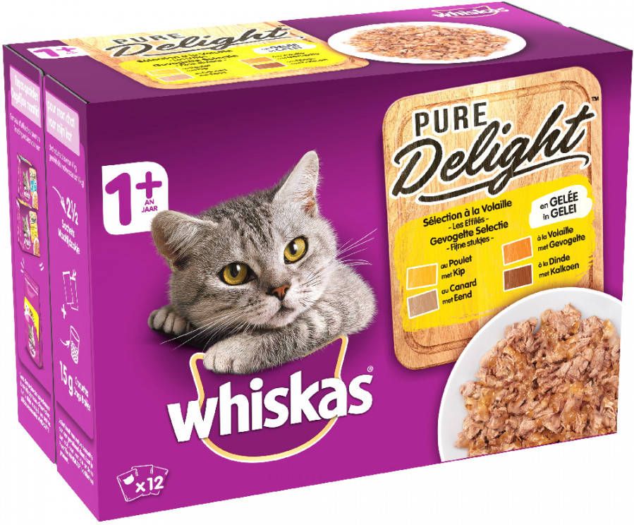 Whiskas 10 + 2 gratis! 12 x 85 g/100 g 1+ Adult Pure Delight Gefl&#xFC, gelauswahl in Gelee(12 x 85 g )