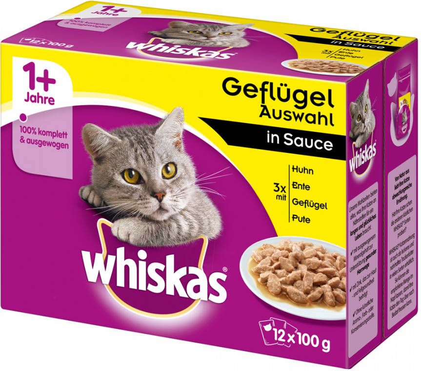 Whiskas 144x100g Selectie Maaltijdzakjes Adult 1+ Gevogelte selectie in Saus Kattenvoer