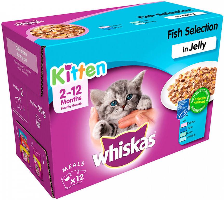 Whiskas 24 x 100 g Megapack Junior Maaltijdzakjes Kattenvoer Vis in Gelei