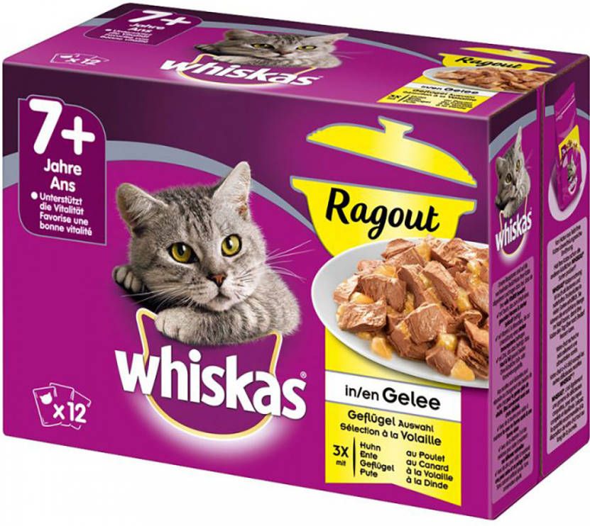Whiskas 7+ Senior Selectie in Saus/Gelei Maaltijdzakjes Kattenvoer Voordeelpakket 48 x 85 g/100 g Ragout Gevogelte in Gelei(48 x 85 g )