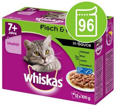 Whiskas 7+ Senior Selectie in Saus/Gelei Maaltijdzakjes Kattenvoer Voordeelpakket 96 x 85 g/100 g Klassieke selectie in Gelei(96 x 100 g )