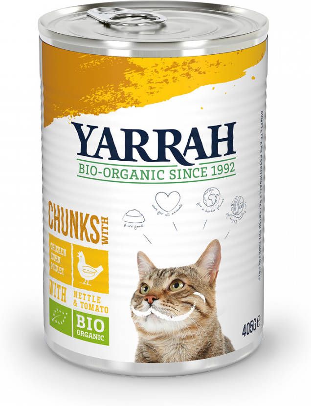 Yarrah 405g biologisch chunks Kip met brandnetel & tomaat in saus Kattenvoer