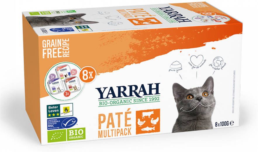 Yarrah 8x Biologisch Kattenvoer Multipack Paté Graanvrij Kip Rund 8 kuipjes